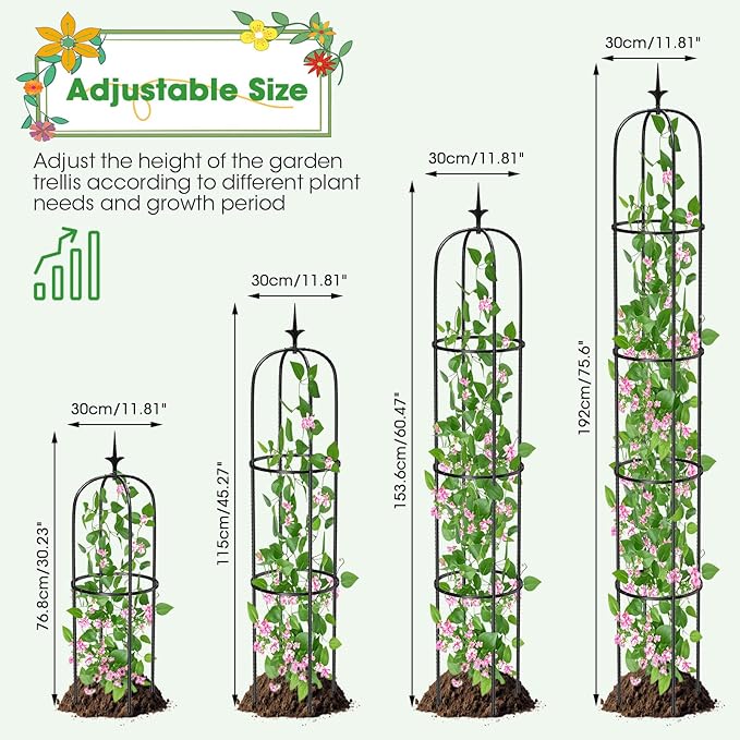 Tower Obelisk Garden Trellis for Climbing Plant，6.3FT/75.6" Rustproof Metal Potted Plant Climbing Support for Indoor Outdoor Flowers Vegetable Fruits Vines Support (2PCS)