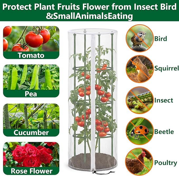 2 Pcs Garden Bird Netting Cover for Round Tomato Cage, 59" x 18" Tomato Trellis Insect Barrier Protection Mesh, Plant Cage Garden Net Cover with Zipper for Vertical Climbing Plants Vegetables Fruits