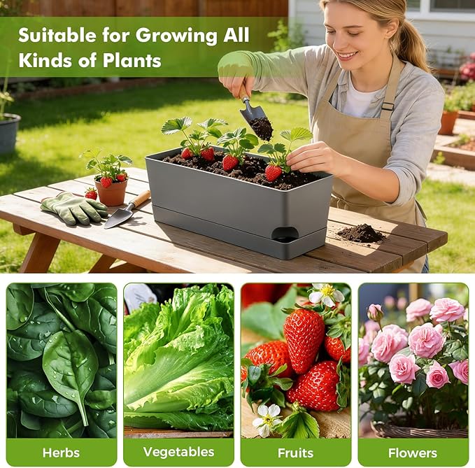 2 Pack Rectangle Self Watering Pots for Indoor Plants 17 Inches Window Boxes Planters Rectangular Flower Pots Herb Large Plant Pots with Drainage Holes and Saucers Windowsill Planter, Grey