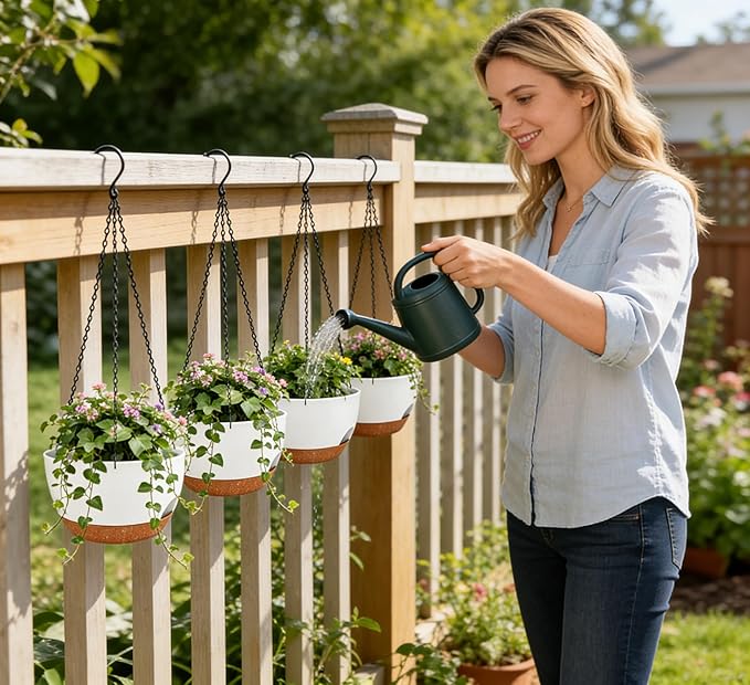 Set of 4-8 Inch Self Watering Hanging Planters for Indoor Outdoor，Hanging Plant Pots with Drainage & Removable Tray, Hanging Pots Holder for Ivy, Pothos, Ferns, Balcony & Patio, White Brown