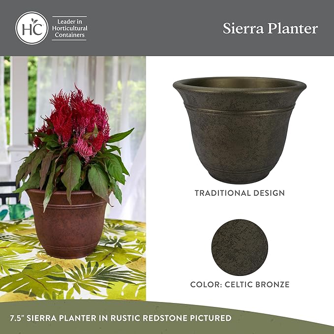 The HC Companies Sierra Round Self-Watering Pot - Lightweight Plastic Planter for Herbs & More - Durable Plant Pots for Indoor Plants & Outdoor Plants (13” Celtic Bronze, Pack of 2)