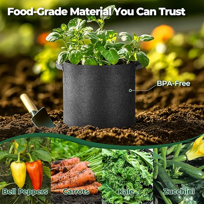 T4U Fabric Plant Grow Bags with Handle 7 Gallon Pack of 5, Heavy Duty Nonwoven Smart Garden Pot Thickened Aeration Nursery Container Black for Outdoor Potato, Tomato, Chili, Carrot and Vegetables