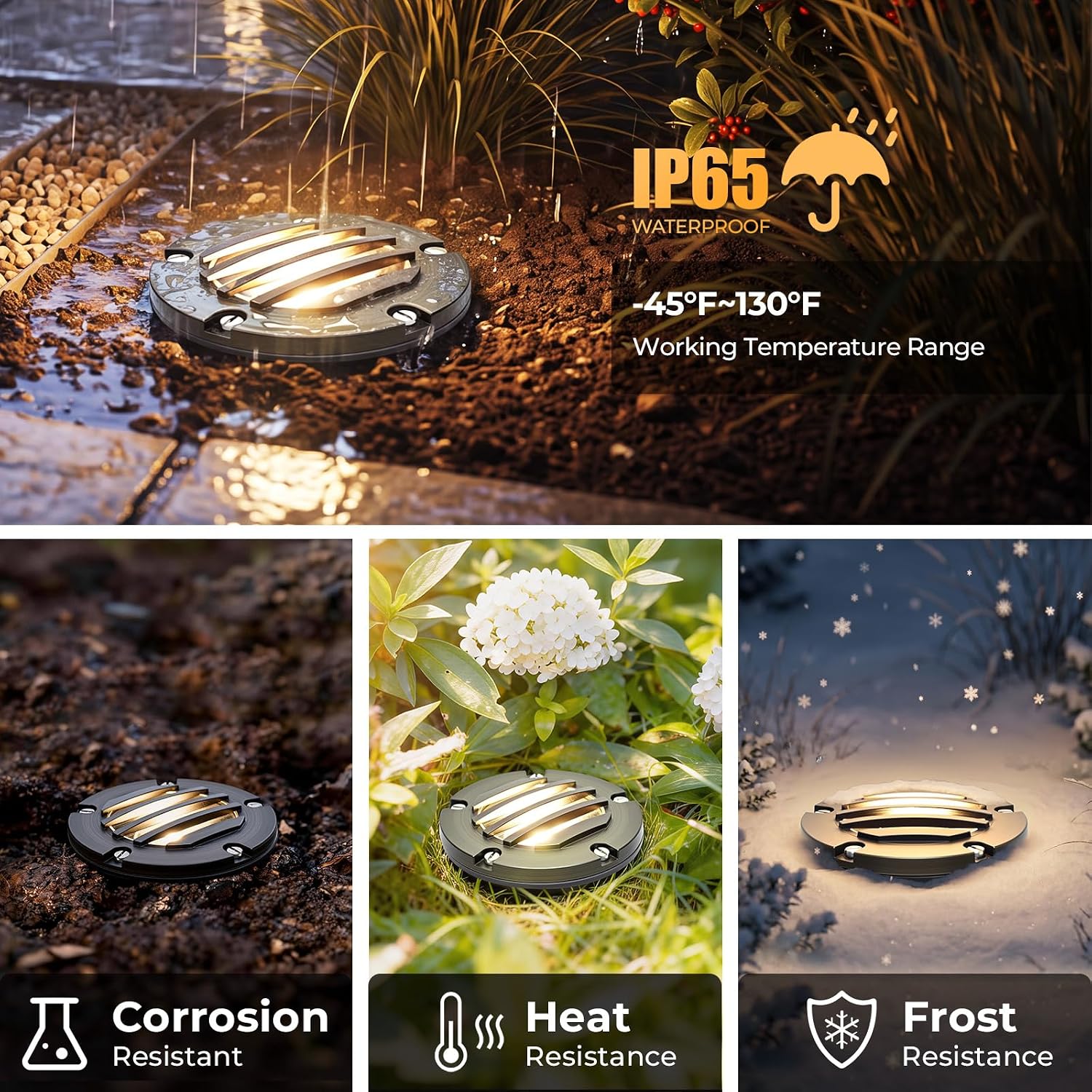 Brass Low Voltage Landscape Well Lights (5" Cover, 5.5" Tall), 12V LED Wired In-Ground Outdoor Up Lighting Fixture Waterproof, Adjustable Beam Direction Base, Without MR16 Bulb (4 Pack)