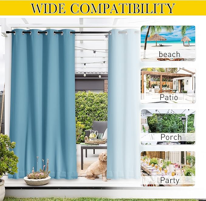 NICETOWN 2 Panels Weighted Blackout Outdoor Curtains for Patio Waterproof, Grommet & Back Tab on top and Bottom Windproof Privacy Thermal Drapes for Cabana with Fixed Rope, W52 x L95, Teal Blue