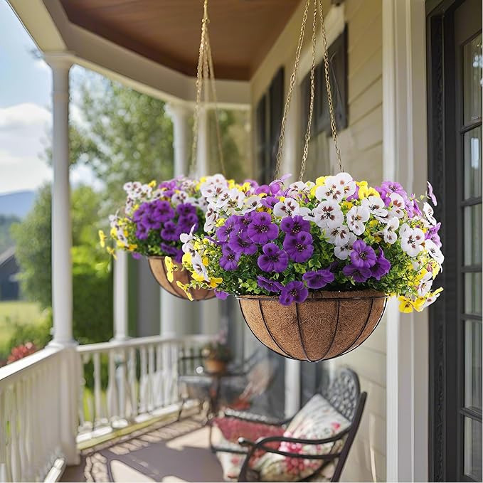 36 Pcs Artificial Fake Pansy Flowers for Outdoor, Faux Silk Pansies Spring Flowers for Outside for Planter Front Door Porch Yard Patio Window Box Home Decor (36, Purple, Yellow, White)