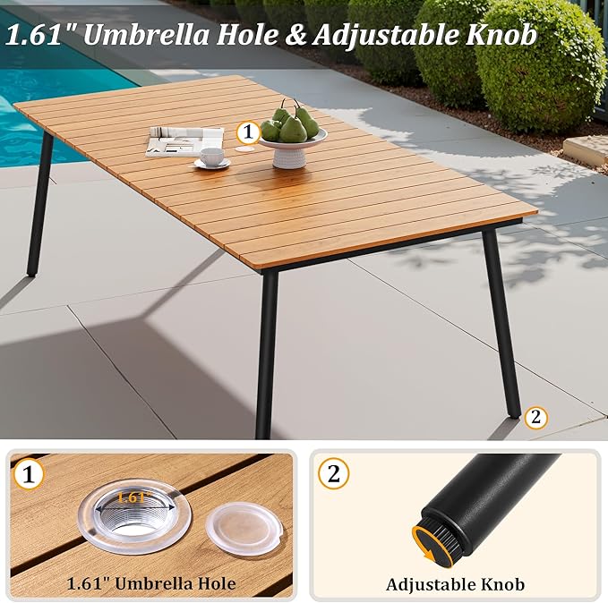 83" Patio Outdoor Dining Table for 6-8, Weather-Resistant Wood-Grain Top with Aluminum Frame & Umbrella Hole for Deck Gatherings, Brown