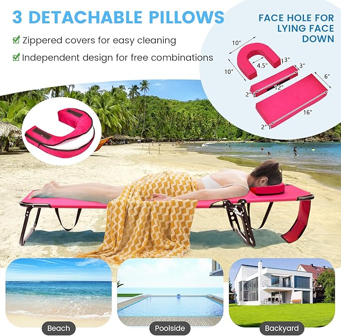 GYMAX Tanning Chair, 350lbs Beach Lounge Chair with Face Hole, Detachable Washable Pillow & Carry Strap, Adjustable Folding Chaise Lounge, Layout Chair for Outside, Patio, Poolside, Lawn (2, Pink)