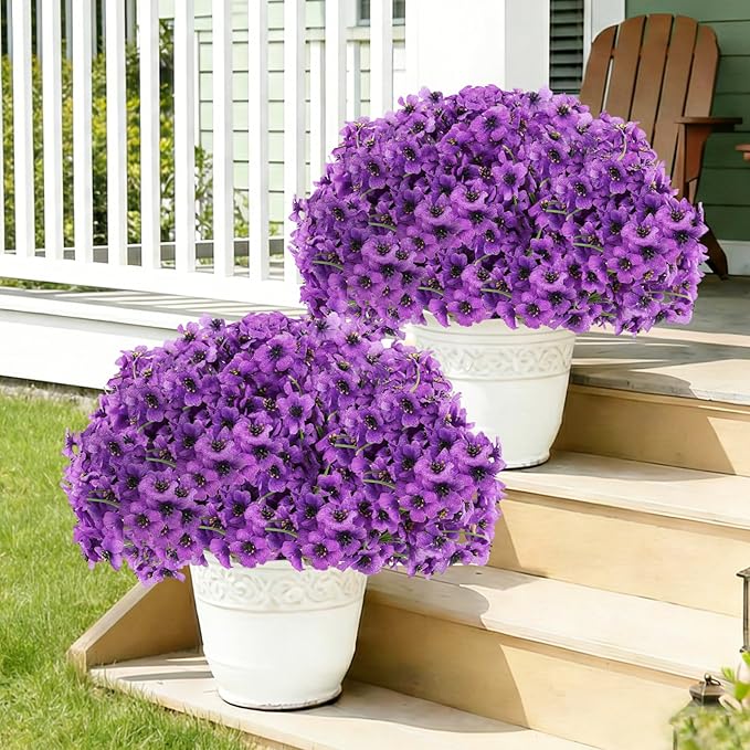 60 Pack Artificial Flowers for Outdoor Indoor Fake Plants, Faux Silk Flowers for Outdoors Outside Front Porch Hanging Planter Window Box Garden Spring Decoration(Purple)