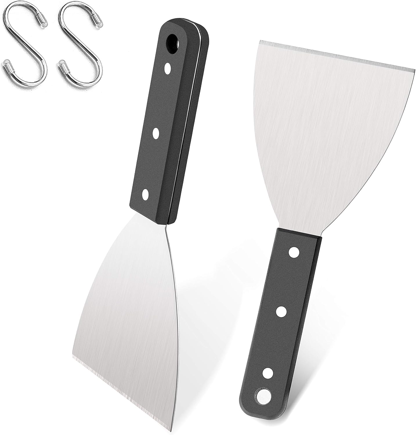 Leonyo Metal Griddle Spatula Scraper Tool For Barbecue Food, 2 Pack | Stainless Steel Griddle Scraper For Flat Top Grill, Heavy Duty Grill Scraper Diner Flat Straight Blade With Plastic Handle
