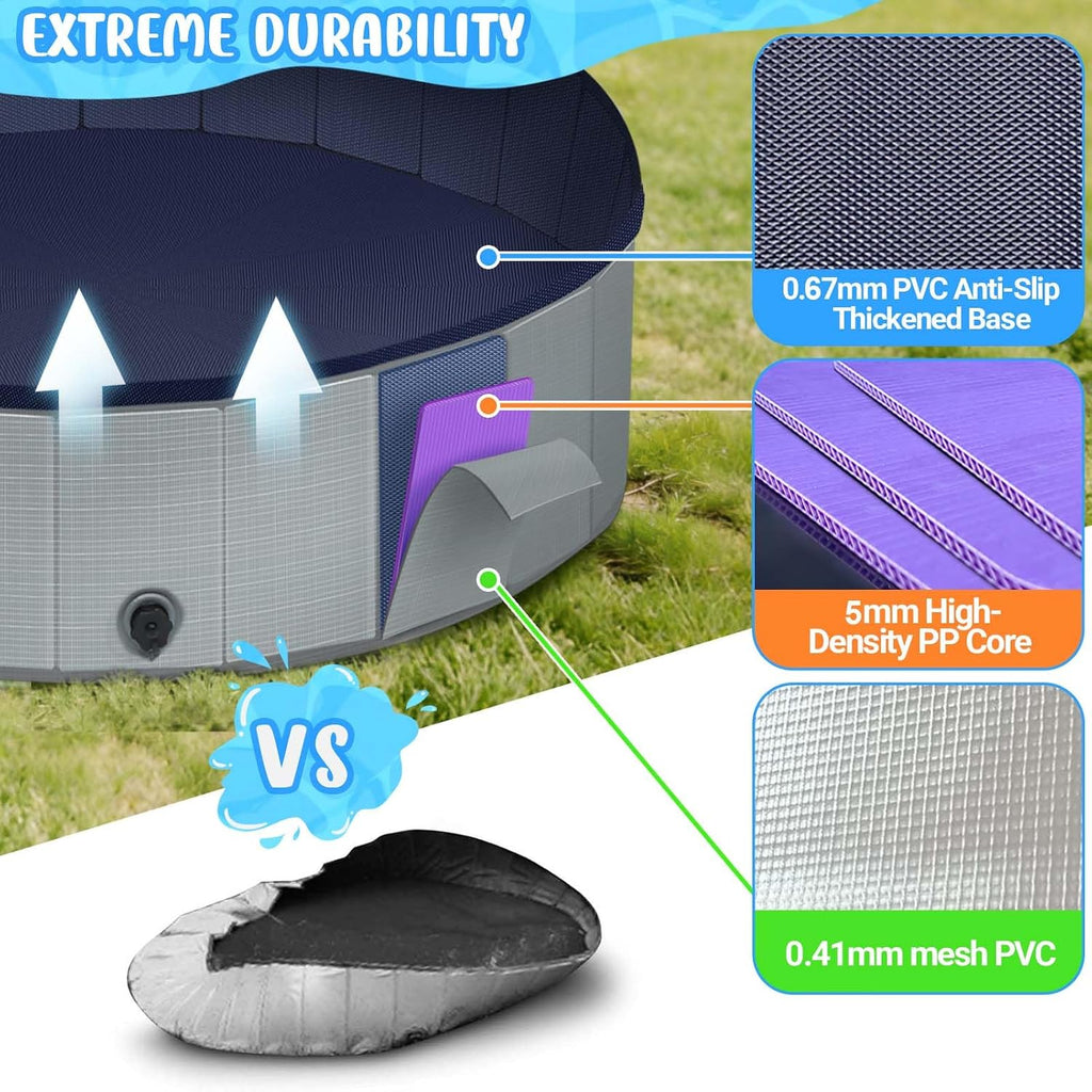 Dog Kiddie Pool for Small Medium Large Dogs, Multiple Pets, 63" Gray | Includes Repair Patches, Non-Slip Bottom, Scratch-Resistant, Collapse Prevention, Indoor & Outdoor Use, Easy Maintenance