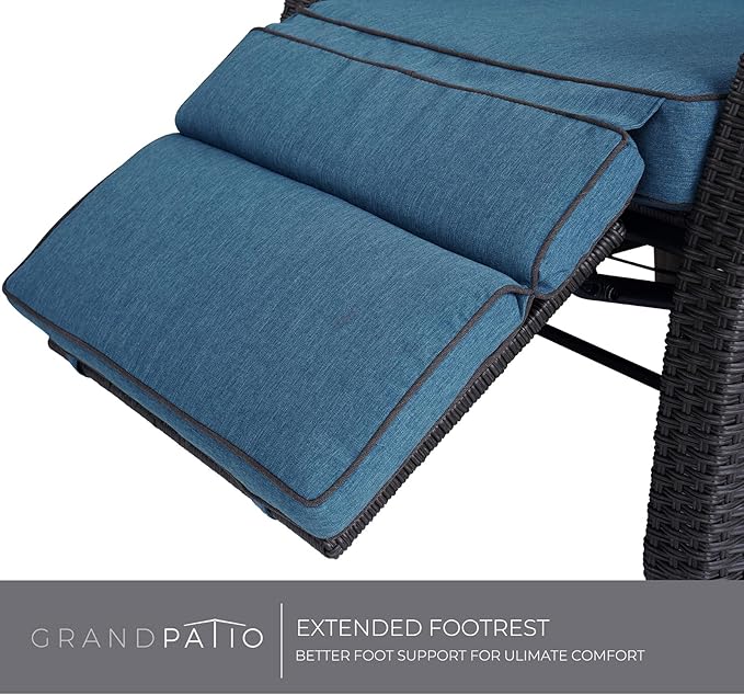 Grand patio Outdoor Recliner Chair Patio 150° Lay Flat Recliner with Flip Table Wicker Reclining Lounge Chair Peacock Blue