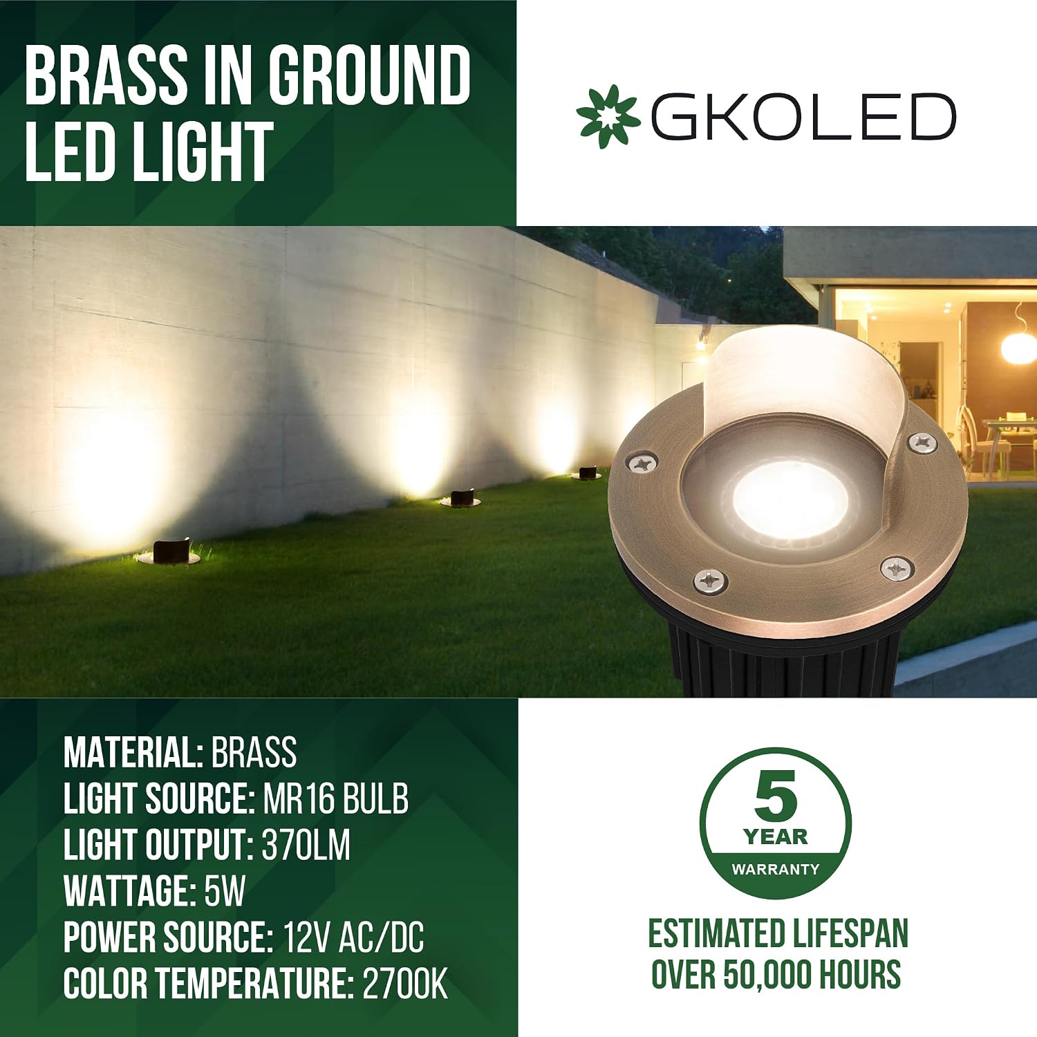 4 Pack, LED Brass Well Lights, 12V IP67 Waterproof Outdoor In Ground Light with MR16 Bulb and Swival Base, Low Voltage Landscape Lighting, 5W 2700K, Up Light for Garden Tree Bushe, Shielded Top