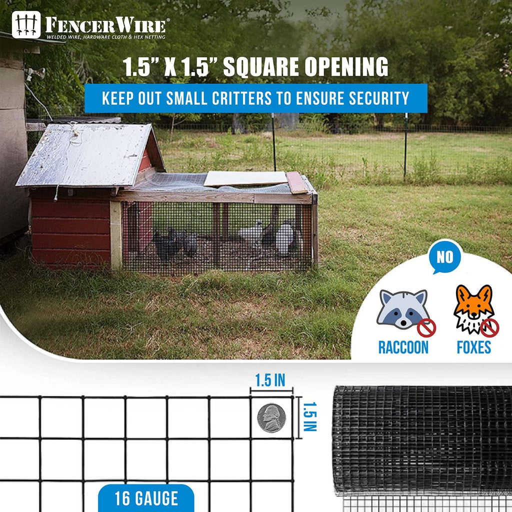 Fencer Wire 16 Gauge Hardware Cloth, Black Vinyl Coated Welded Wire Mesh, Chicken Coop Wire Fence, 1.5 inch x 1.5 inch Grid (2 ft. x 100 ft.)