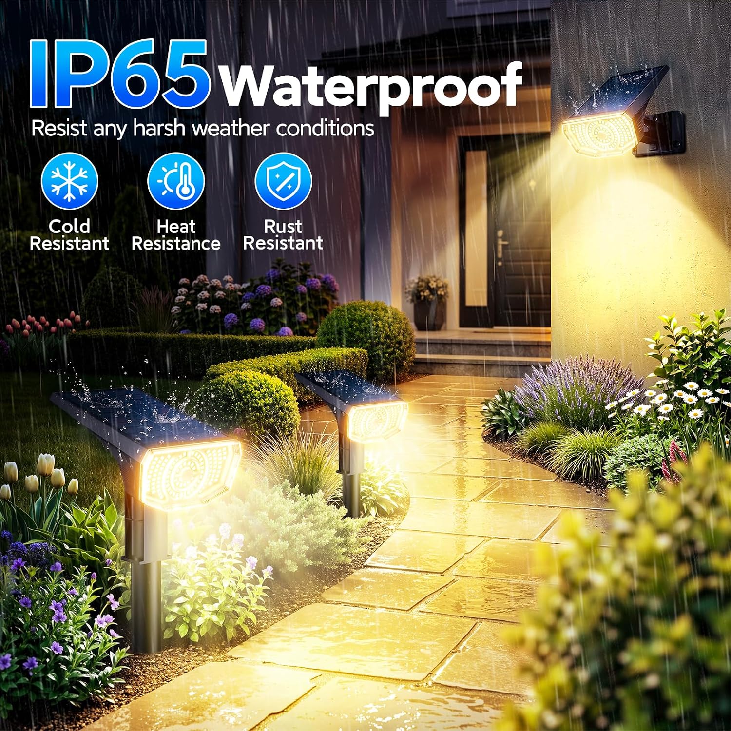 Solar Spot Lights Outdoor Waterproof IP65, 100 LED Solar Lights Outdoor | Super Bright Solar Spotlights 3000K&2 Lighting Modes , 2-in-1 Ground Spike & Wall Mount Solar Landscape Spotlights for Yard