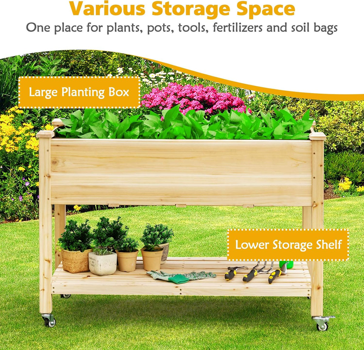 giantex raised garden bed on wheels, wood planter, side view