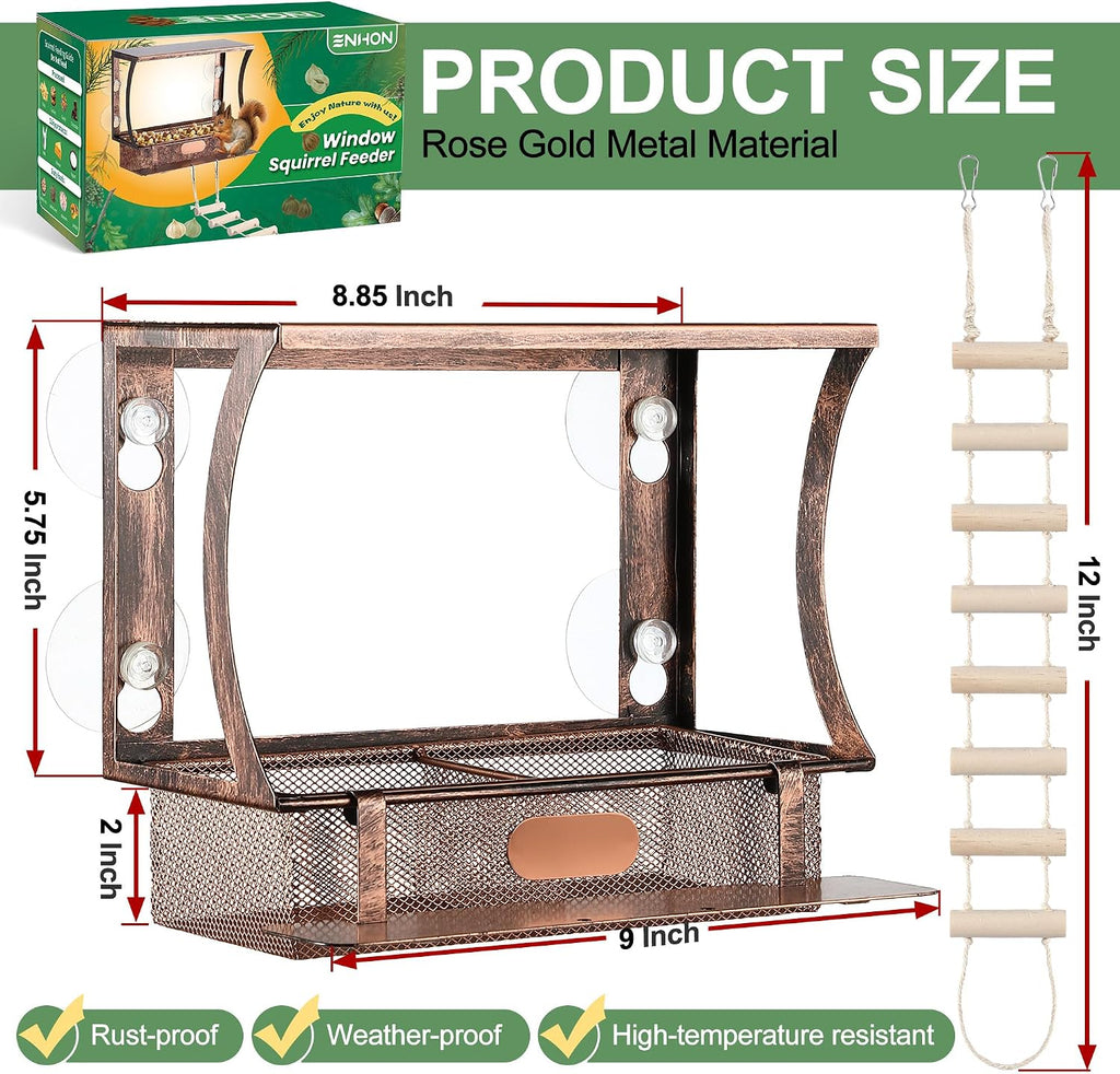 Window Squirrel Feeder, Metal, Strong Suction Cups & Ladders | Squirrel Feeders for Outside Winter, Safe Funny Chipmunk Feeder, Feeding Shelter for Squirrels for Corn Peanuts