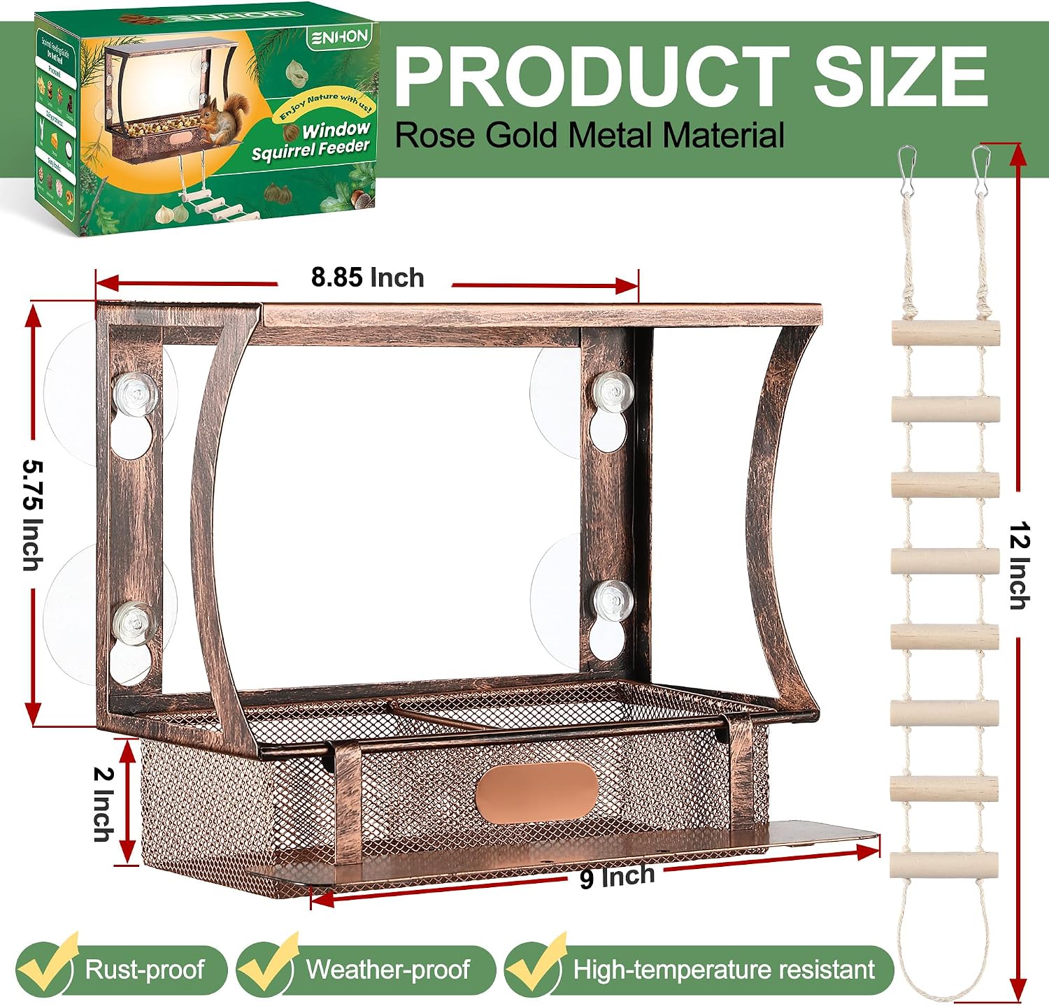 Window Squirrel Feeder, Metal, Strong Suction Cups & Ladders | Squirrel Feeders for Outside Winter, Safe Funny Chipmunk Feeder, Feeding Shelter for Squirrels for Corn Peanuts