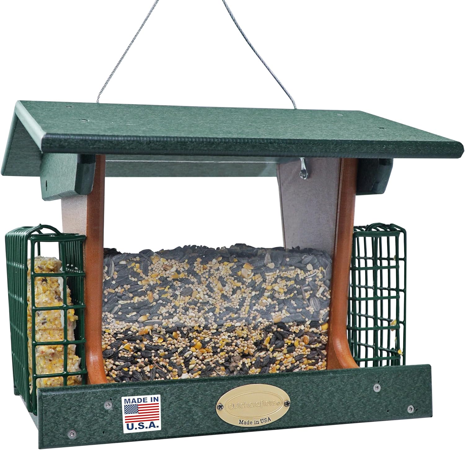 DutchCrafters Poly Hopper Bird Feeder with Suet Holder, Large Suet Feeder for Birds, Outdoor Hanging - Amish American Made (Turf Green & Cedar)