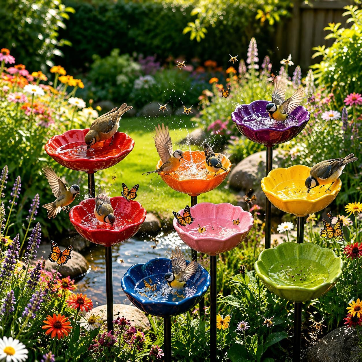 7-Color Metal Flower Bird Bath & Bee Watering Station (Red) | Rust-proof metal bowl with anti-tip stake for stability. Ideal for outdoor use as a bird baths and pollinator water feeder.