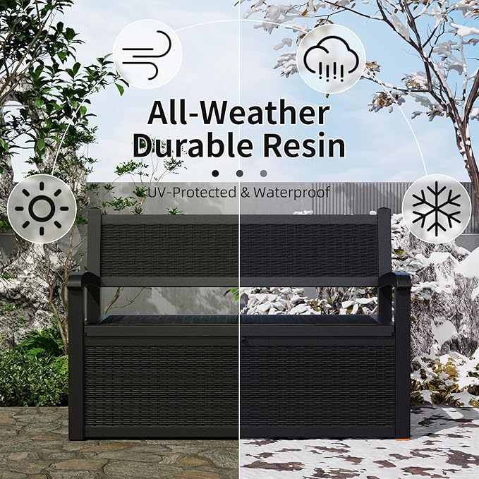 EasyUp 80 Gallon Outdoor Storage Bench Lockable Deck Box Outdoor Storage Box Waterproof for Patio,Garden,and Porch – Perfect for Storing Garden Tools and Cushions(Black)