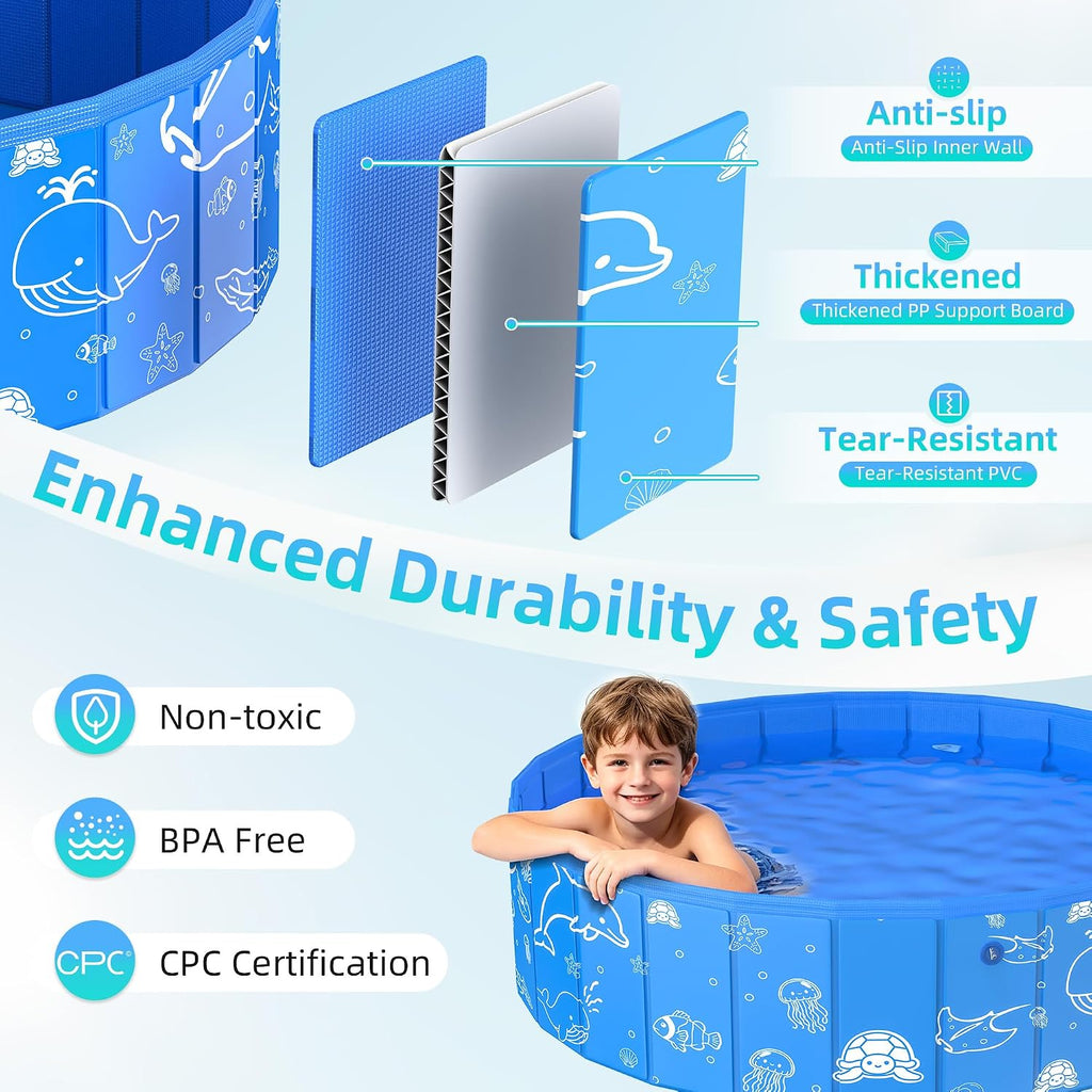 Kiddie Pool with Canopy, 48" Foldable Kids Baby Pool for Toddlers, Portable Small Swimming Pool Hard Plastic with Shade & Carry Bag for Beach Backyard Water Play