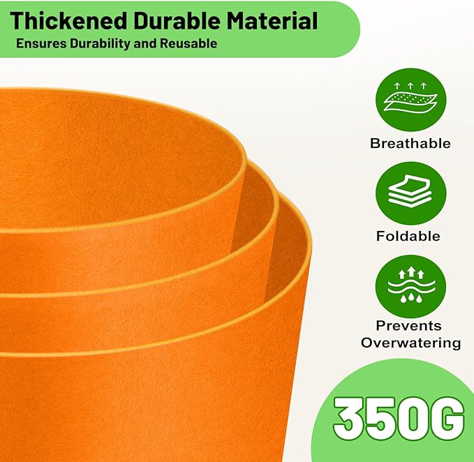 5 Gallon Fabric Grow Bags 5-Pack, 350G Heavy Duty Nonwoven Plant Pots with Handles, Breathable Root Pruning Containers for Vegetables Flowers Indoor Outdoor Gardening