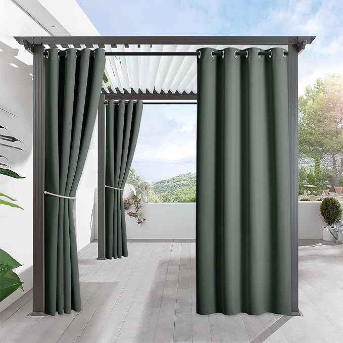 RYB HOME Outdoor Curtains for Patio Waterproof Block Sunlight Thermal Insulated Privacy Assured Thick Outside Curtains for Porch, Gazebo, Pergola, W52 x L84, Dark Green, 1 Panel
