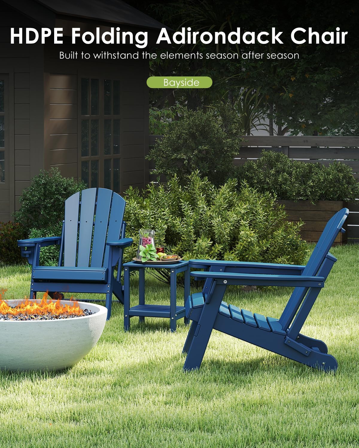 GREENVINES Folding-Adirondack-Chairs Set of 2, HDPE All Weather, Blue | Hidden Cup Holder | 5” Wide Armrests | Foldable Fire Pit Chair | Reclined Legs | Low Maintenance for Outdoor Patio Deck