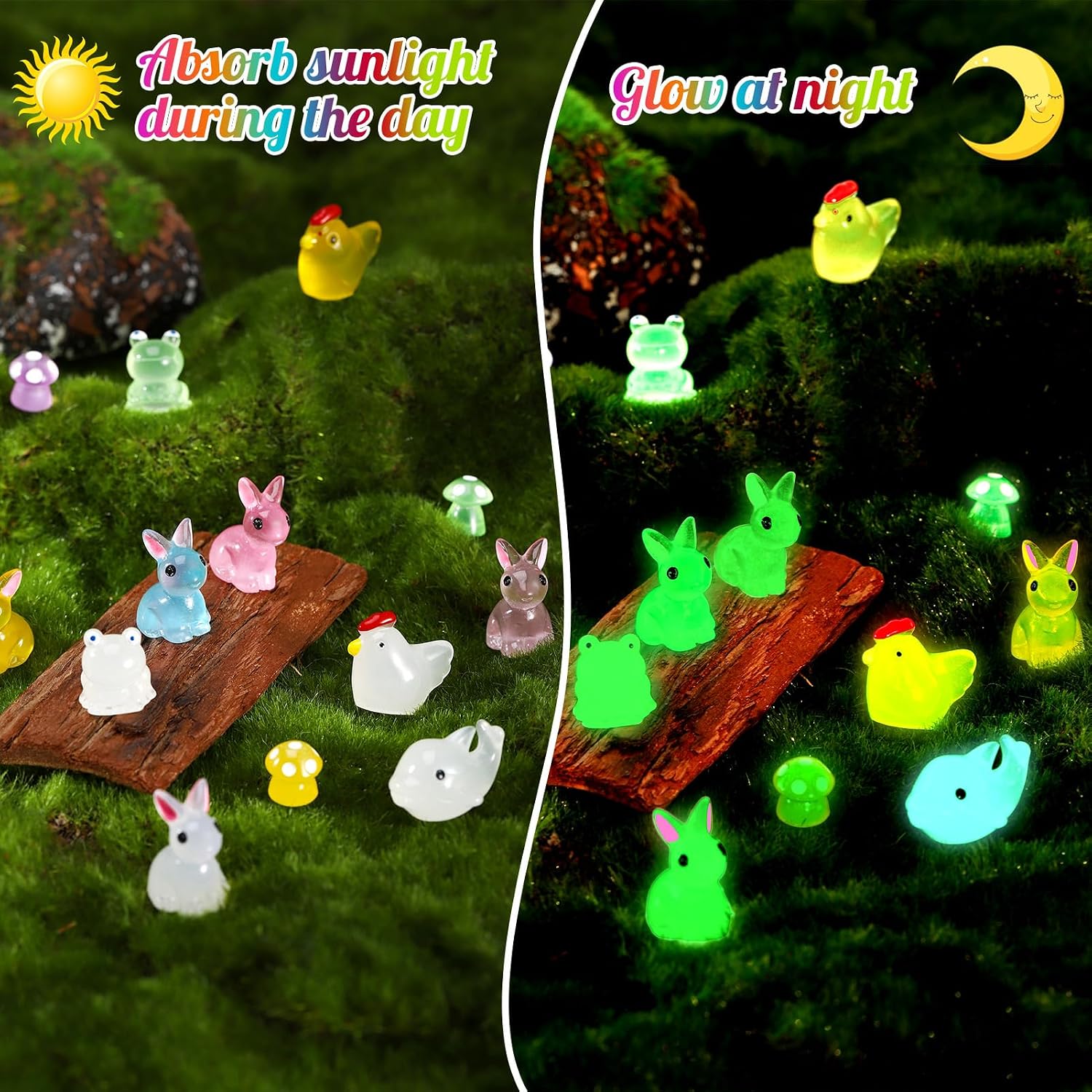 135 PCS Luminous Mini Resin Ducks Tiny Glow in The Dark Duck | Chickens Rabbit Frogs Dolphin Mushroom, 6 Combination Sets Resin Miniature Animals for Micro Landscape Dollhouse Decoration