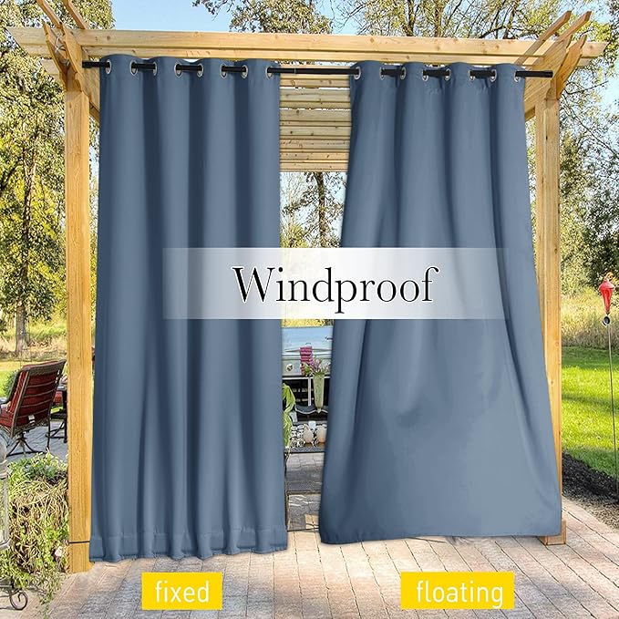 NICETOWN 2 Panels Outdoor Curtains for Patio Extra Wide 84", Waterproof & Windproof Grommet & Back Tab Fixed Top and Bottom Sun Blocking Privacy Drapes with Rope for Gazebo, Stone Blue, W84 x L108