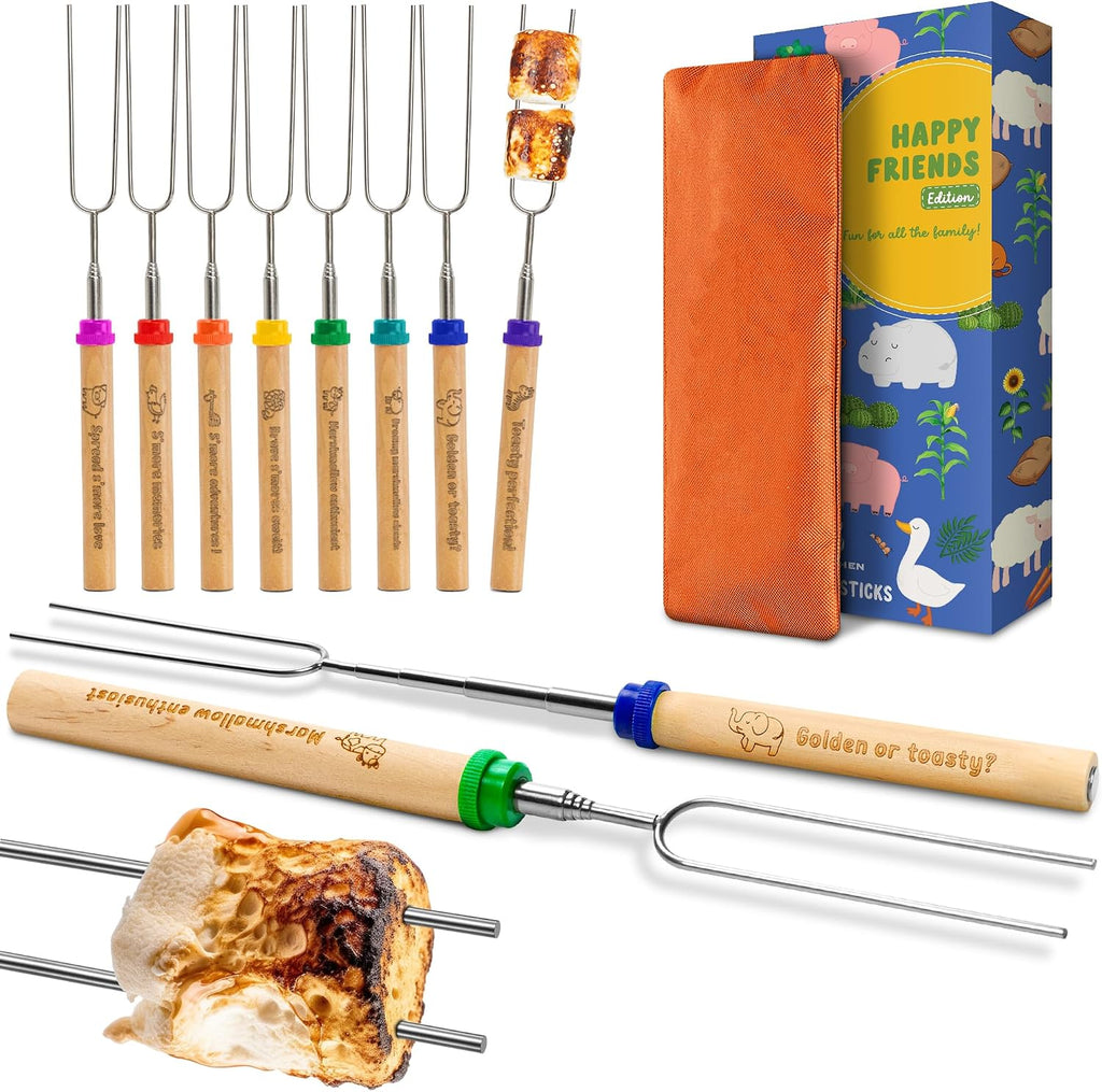 Smores Sticks, Marshmallow Roasting Sticks for Fre Pit, 8 pcs | Perfect as a Gift - Beautifully Engraved Handles - Telescoping Stainless Steel Hot Dog Sticks Skewers
