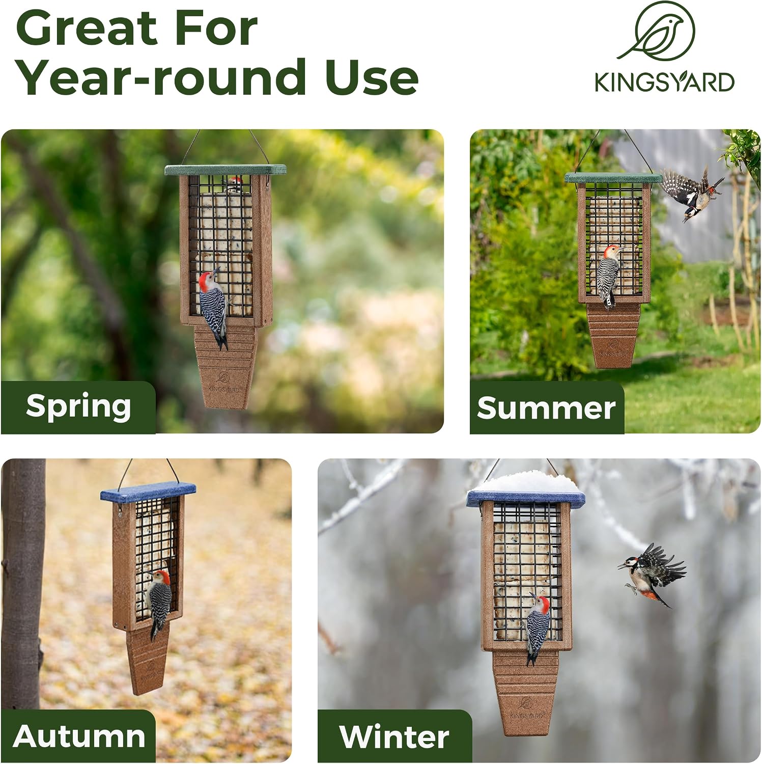 Kingsyard 2 Pack Double Tail-Prop Suet Bird Feeder | Recycled Poly Lumber Suet feeder, Sturdy & Durable, Outside Hanging, Great for Woodpecker & Clinging Birds, Blue