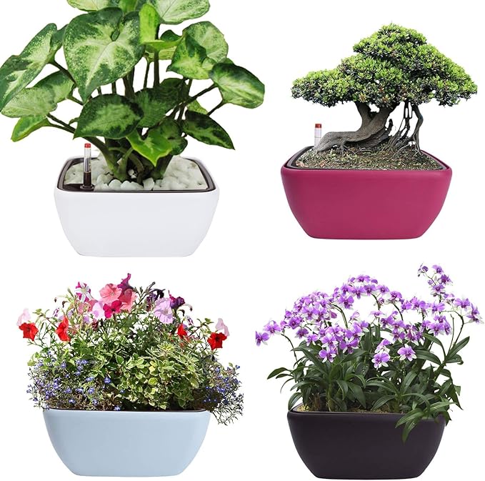 Vencer 10.8 Inch Plastic Square Self Watering Planter,Water Indicator,Modern Decorative Planter Pot for All House Plants Flowers,Herbs,Vegetables,Tropical,Blue,VF-049B