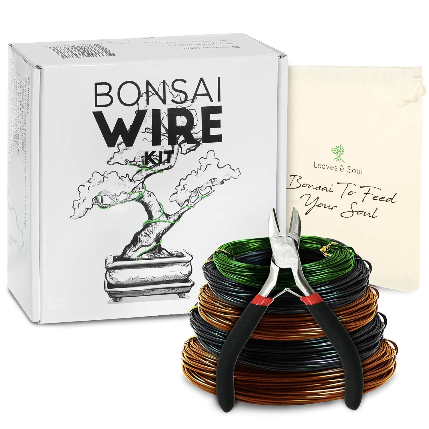 Leaves & Soul Bonsai Wire Kit with Cutter, Bonsai Training Wire Set 160ft | Plant Training Wire Set with Aluminum Wire, Cutter & Canvas Bag for Shaping Bonsai & Small Trees for Beginners & Pros.