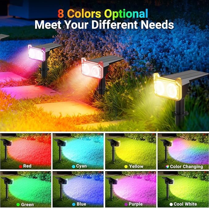 WdtPro Solar Color Changing Spot Lights, 8 Lighting Modes Solar Lights Outdoor Waterproof, Multicolor RGB Outdoor Lights, 7 Colors Auto Cycling Landscape Spolights for Yard Garden Decoration, 4 Pack