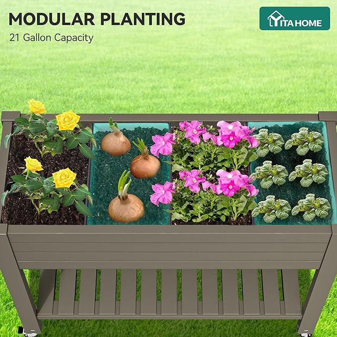 YITAHOME 43.3x17.7x34 in Elevated Garden Bed 2pcs, Outdoor Plastic Planter Box with Wheels, Legs, Drain Plug, and Storage Shelf for Plants, Vegetables, Flowers, Herbs, Light Brown
