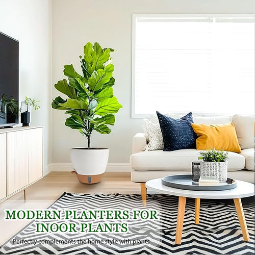 2 Pack 10 inch Plant Pots, Plastic Self Watering Planters with Drainage Holes, Deep Reservoir, Water Level Indicator, Modern Decorative Flower Pots for Indoor Outdoor Plants (White, 10 inch)