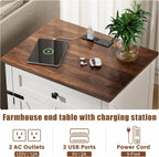 Farmhouse End Table with Charging Station, 24inch White Nightstand with Door and Storage Cabinet, Bedside End Table with Adjustable Shelf, Wood Bedside Table, Night Stand for Living Room and Bedroom