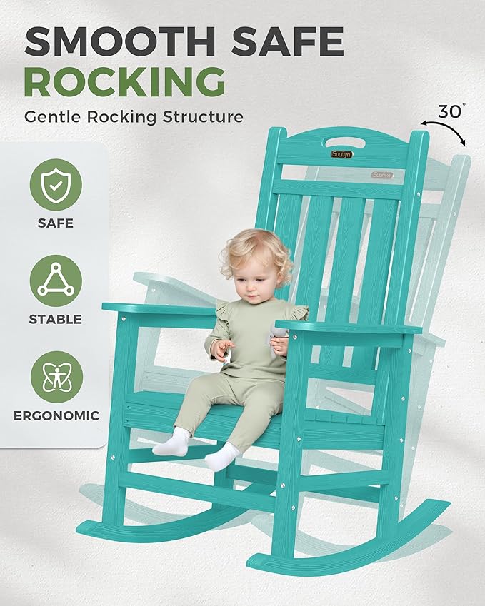 Oversized Outdoor Rocking Chair Set of 2, HDPE All-Weather Patio Rocking Chairs, High Back Outdoor Rocker for Porch, Patio, Lake Blue