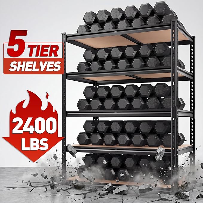 REIBII 2400LBS Storage Shelves 5 Tier Garage Shelving Heavy Duty, Adjustable Metal Shelving, Garage Shelves for Basement, Warehouse, Pantry, Closet, Kitchen 72" H x 35.55" W x 16" D, Black, 3 Pack