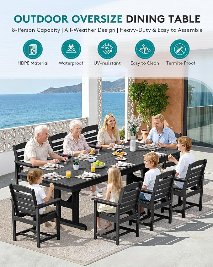 SERWALL 9 Piece Outdoor Dining Set, 84" HDPE Outdoor Table and Chairs for 8，All Weather Patio Furniture Set with Umbrella Hole for Backyard, Garden, Black