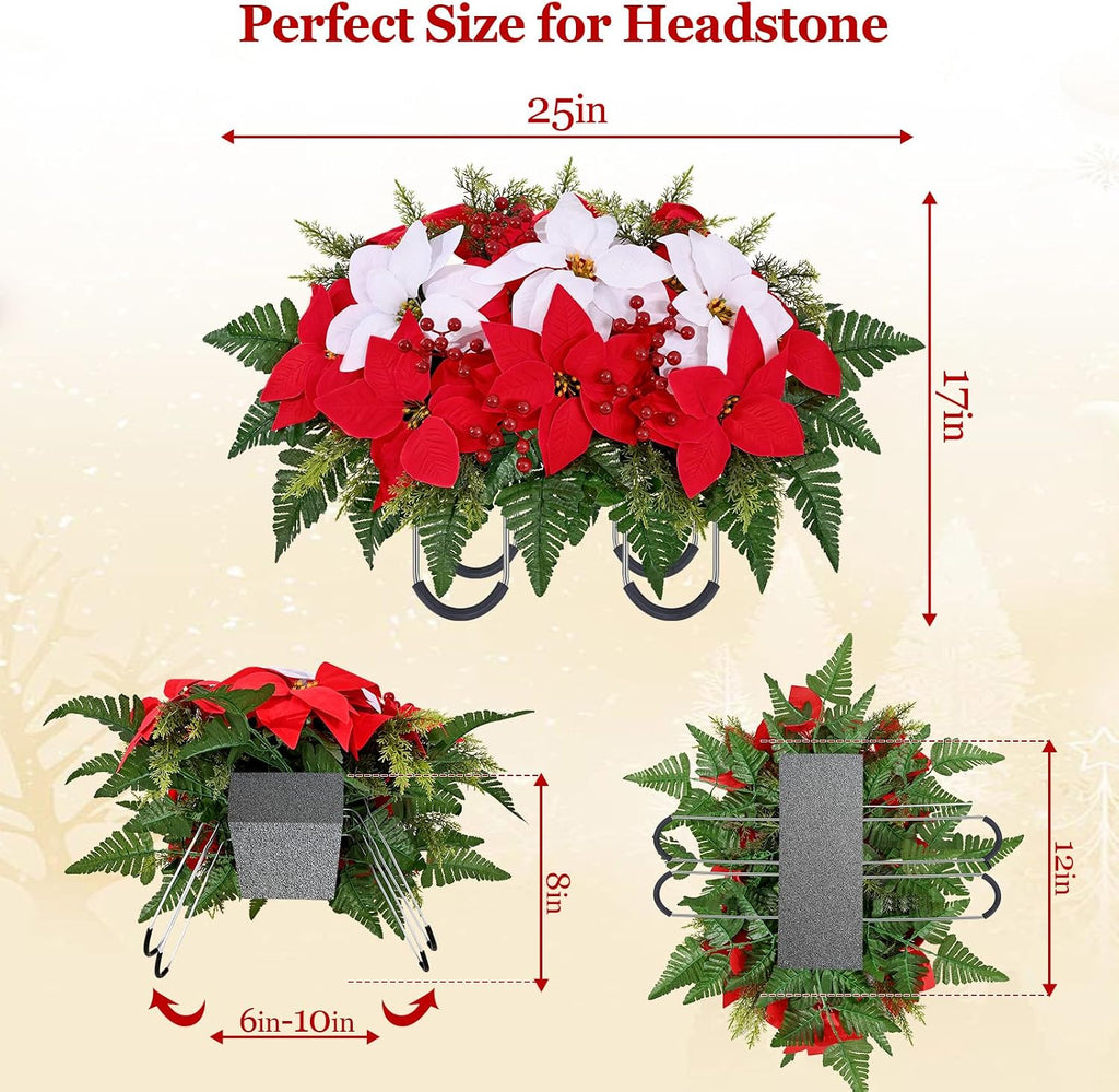 3 sets christmas cemetery flowers for grave, poinsettia, close-up detail