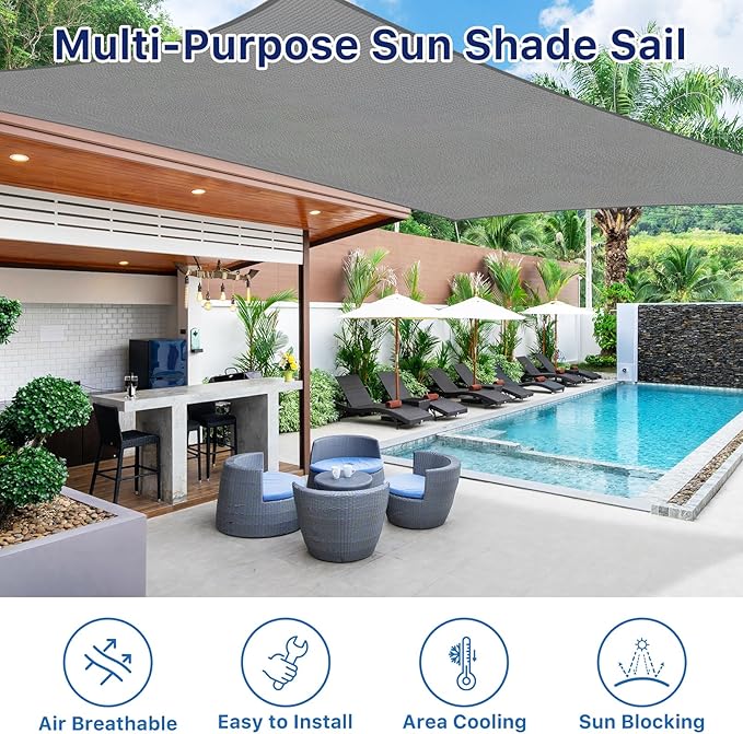 12'x16' Sun Shade Sail, UV Protection Outdoor Shade, Curved Tear Resistant Heavy Duty Sun Shade for Patio Garden, Backyard, Deck, Car Port, Playground, (Grey)