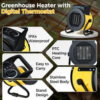 greenhouse heater with thermostat, 1500w outdoor heater, yellow, close-up detail
