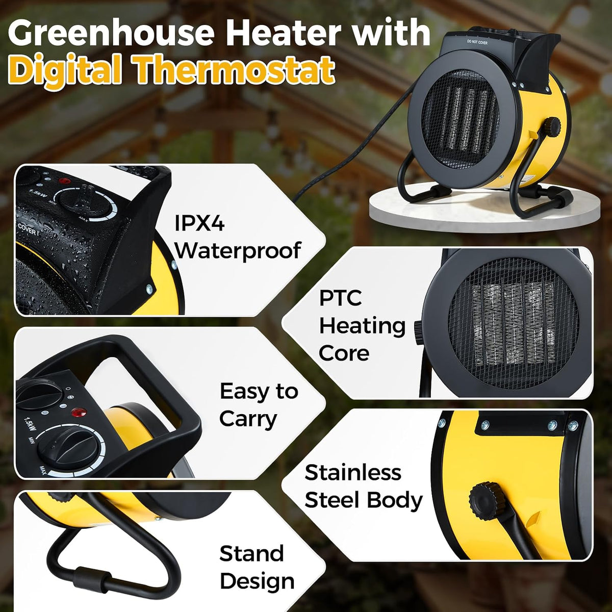 greenhouse heater with thermostat, 1500w outdoor heater, yellow, close-up detail