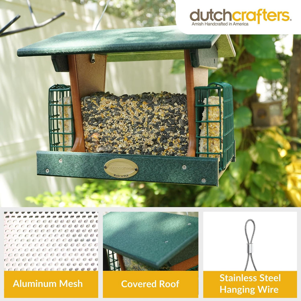 DutchCrafters Poly Hopper Bird Feeder with Suet Holder, Large Suet Feeder for Birds, Outdoor Hanging - Amish American Made (Turf Green & Cedar)