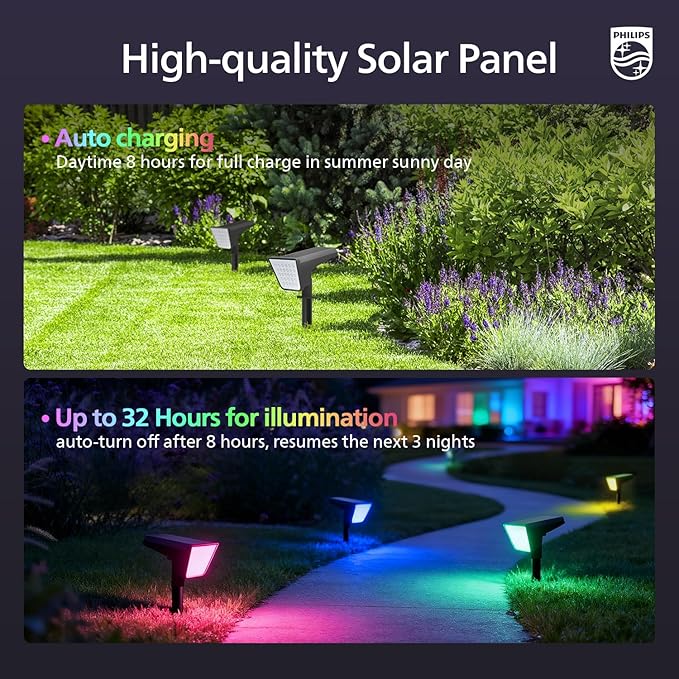 Philips 4 Packs Solar RGBW Spot Lights Outdoor, 18 LED Solar Powered Landscape Lights, 9 Lighting Modes Color-Changing Dusk to Dawn Waterproof Pathway Spotlights for Garden Trees Halloween Christmas