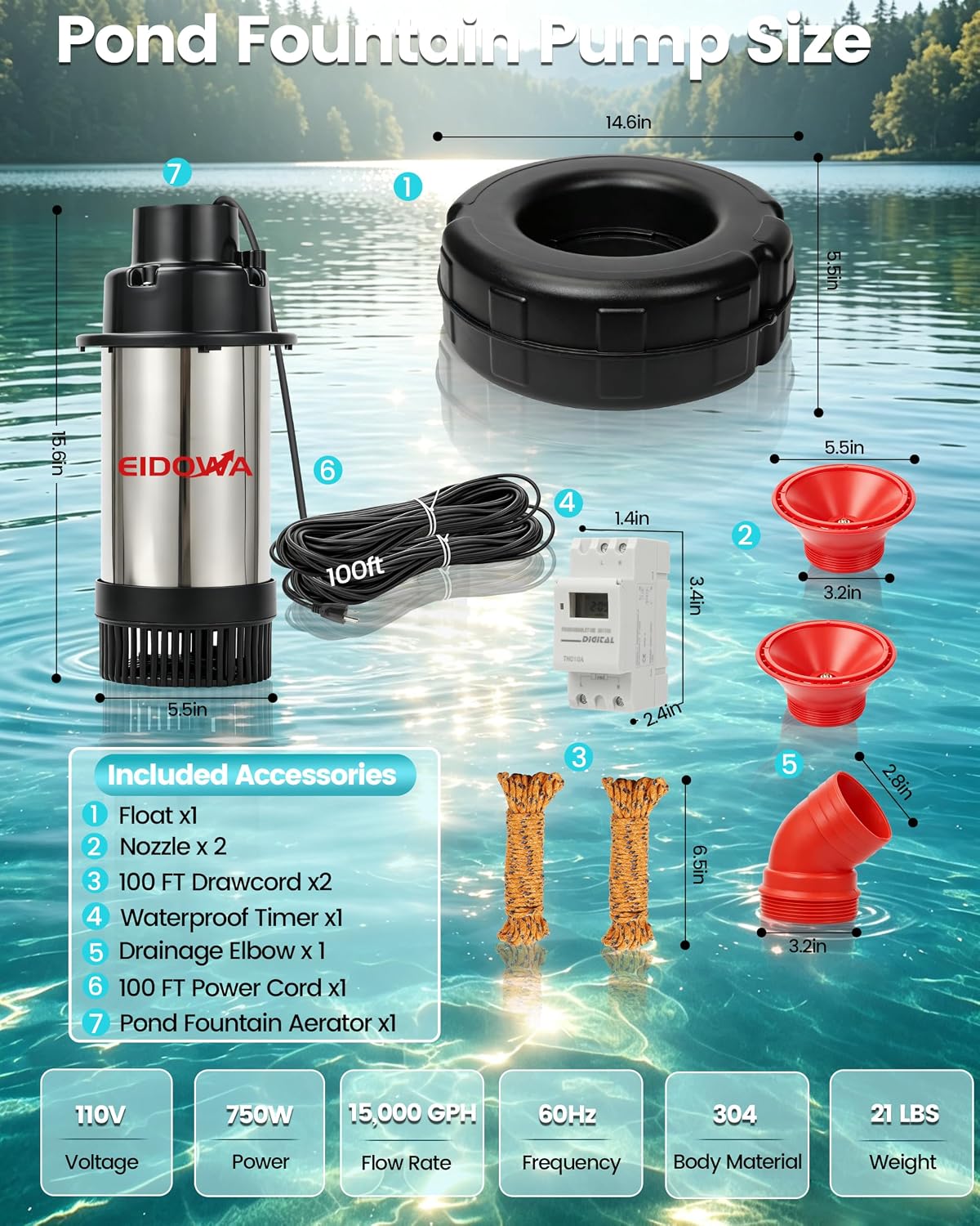 1HP Floating Pond Fountain Aerator, 15000GPH, 110V, Red | 304 Stainless Steel, Smart LCD Timer, Anti-Drift Base, 100 FT Copper Cord, Dual Fountain Nozzles