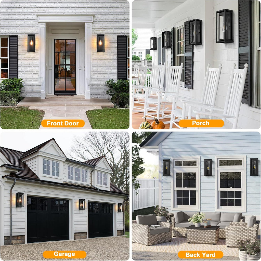 15" Outdoor Wall Lights, Black Exterior Lighting Fixtures, 2 Pack | Large Size, Anti-Rust, Waterproof, Tempered Glass, Easy Installation, Modern & Classic Outdoor Sconces for House Porch Garage