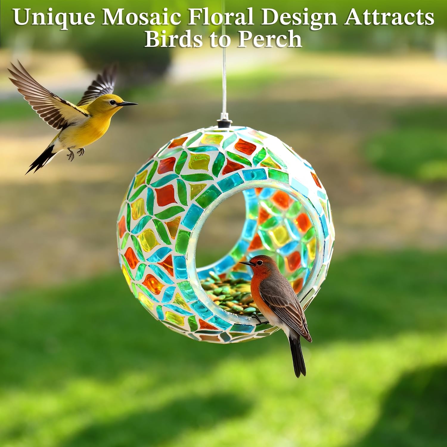 VOREEN Mosaic Glass Bird Feeder, Handcrafted Hanging Fly-Through Feeder for Outdoor Garden & Backyard, Decorative Wild Bird Feeder with Steel Wire Cable – Natural Blue & Green Mosaic Style
